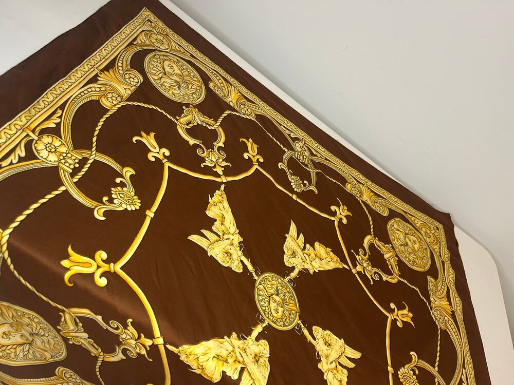 Vintage Angelique L Paris Scarf 35" Brown Gold Baroque Medusa Angel Square